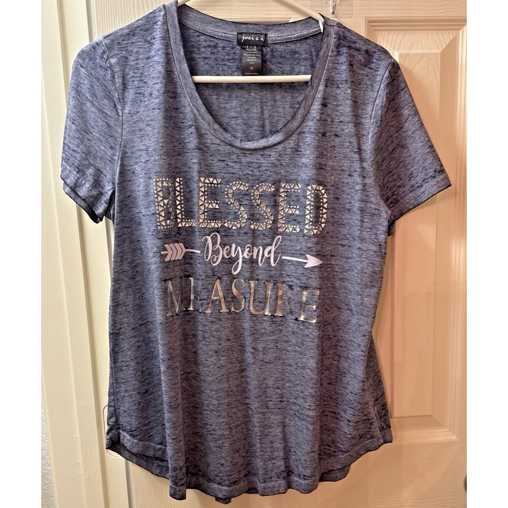 Joei & I Womens Blessed Beyond Measure Graphic T-Shirt Blue Heathered Size M